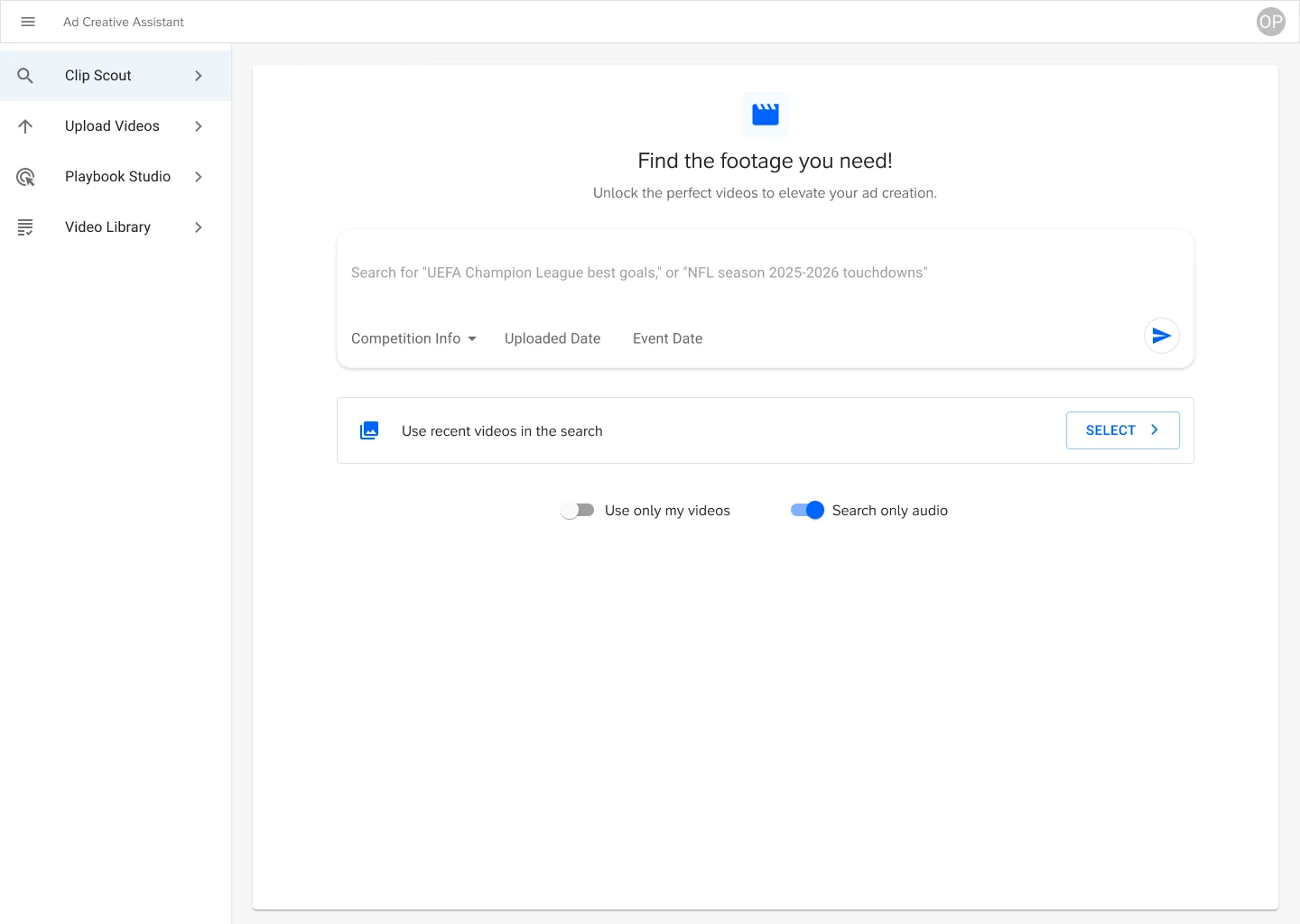 Ads Creative Engine search home